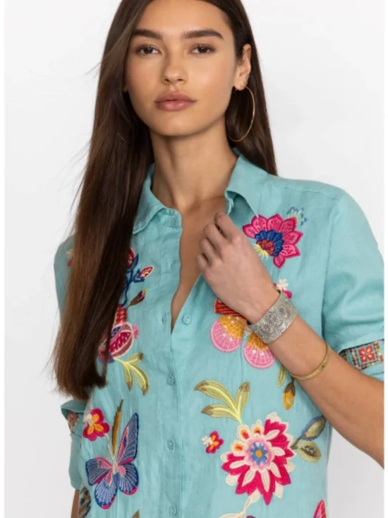 JOHNNY WAS GRACEY LINEN EMBROIRDERED OVERSIZED SHIRT LARGE - Picture 3 of 10